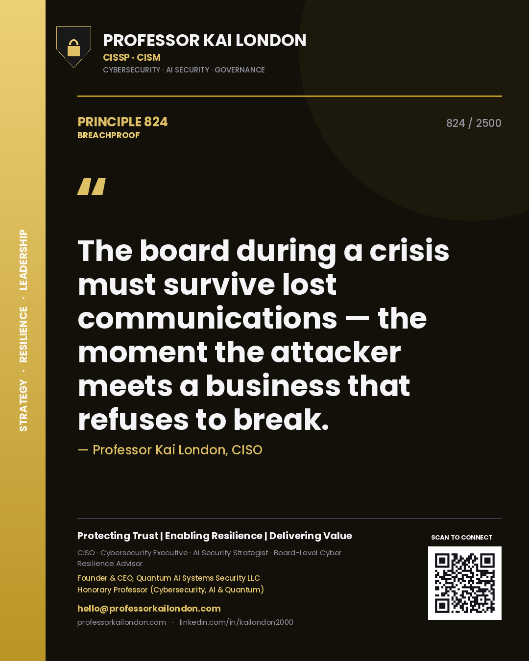 Professor Kai London principle 824: The board during a crisis must survive lost communications — the moment the attacker meets a business that refuses to break.