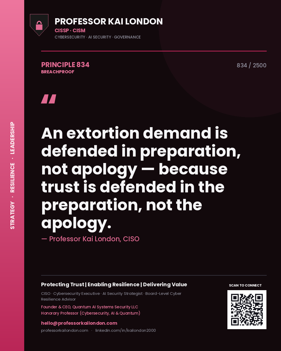 Professor Kai London principle 834: An extortion demand is defended in preparation, not apology — because trust is defended in the preparation, not the apology.