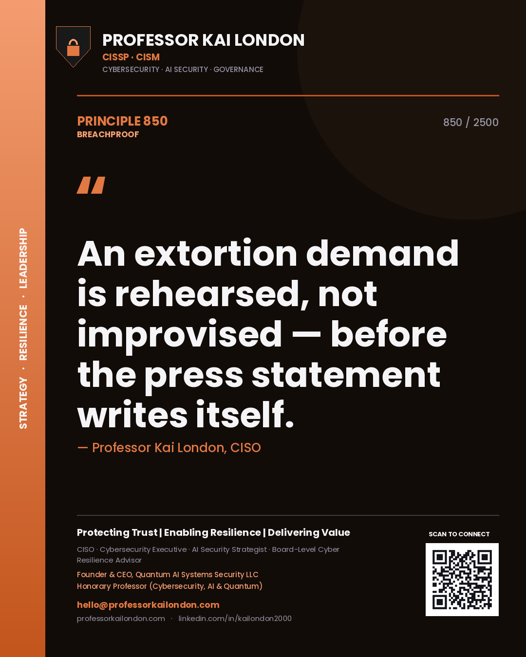 Professor Kai London principle 850: An extortion demand is rehearsed, not improvised — before the press statement writes itself.