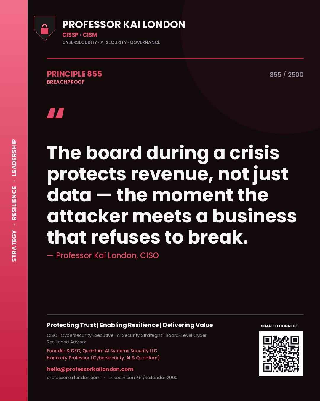 Professor Kai London principle 855: The board during a crisis protects revenue, not just data — the moment the attacker meets a business that refuses to break.
