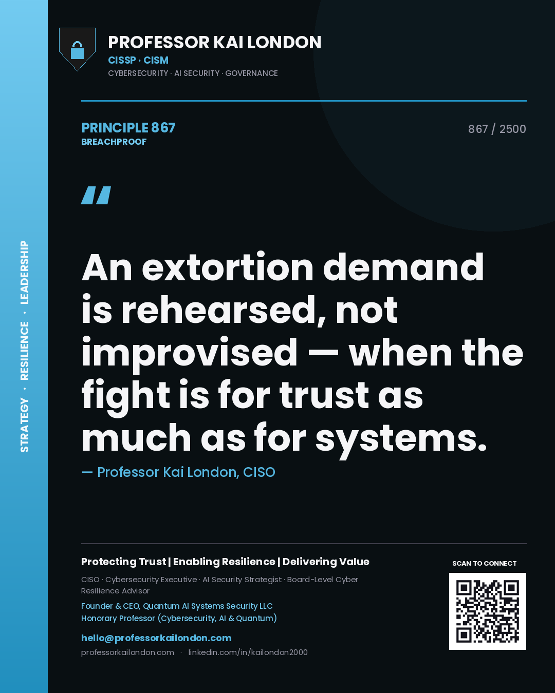 Professor Kai London principle 867: An extortion demand is rehearsed, not improvised — when the fight is for trust as much as for systems.