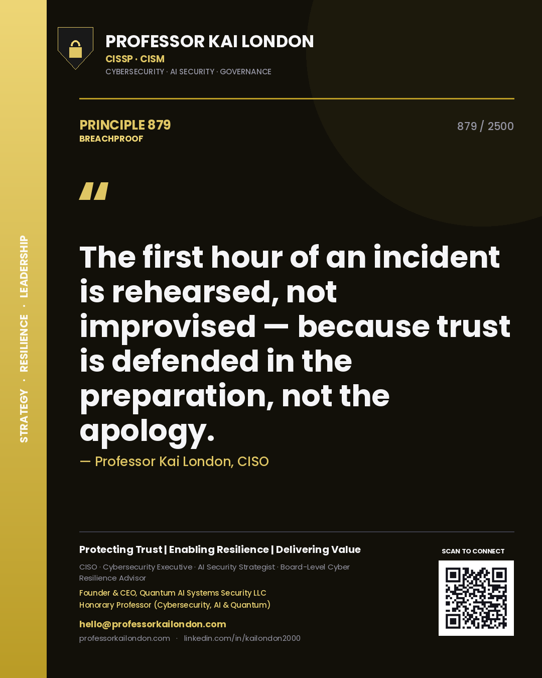 Professor Kai London principle 879: The first hour of an incident is rehearsed, not improvised — because trust is defended in the preparation, not the apology.