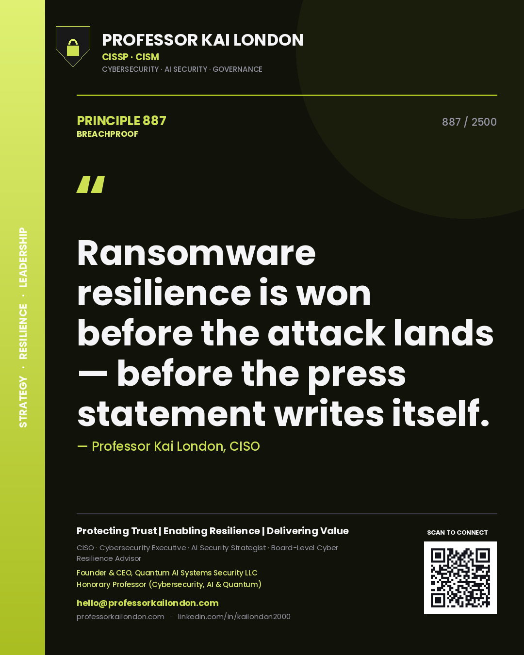 Professor Kai London principle 887: Ransomware resilience is won before the attack lands — before the press statement writes itself.