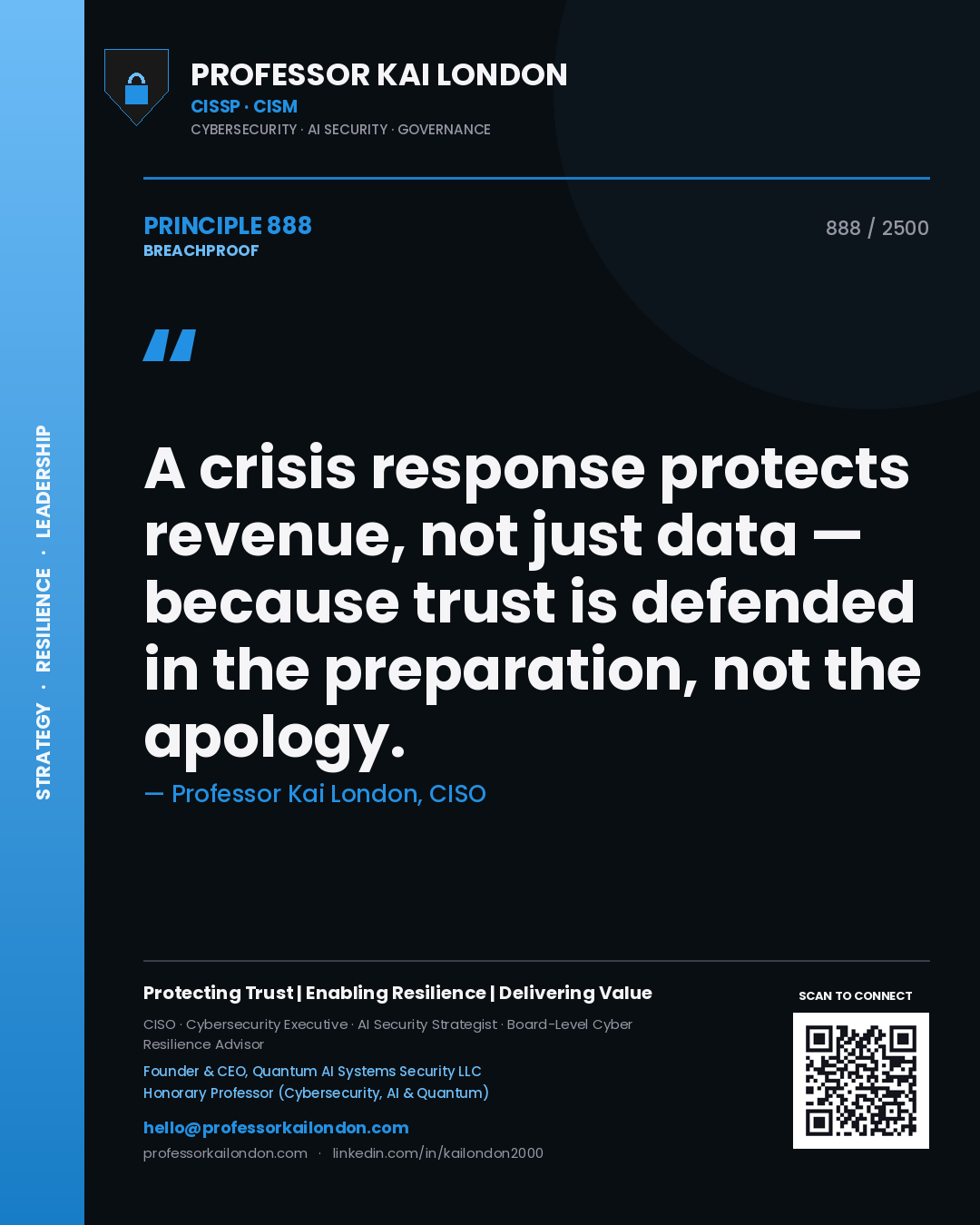 Professor Kai London principle 888: A crisis response protects revenue, not just data — because trust is defended in the preparation, not the apology.