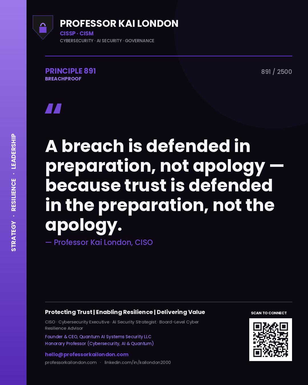 Professor Kai London principle 891: A breach is defended in preparation, not apology — because trust is defended in the preparation, not the apology.