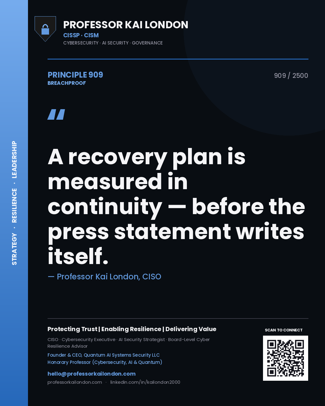 Professor Kai London principle 909: A recovery plan is measured in continuity — before the press statement writes itself.