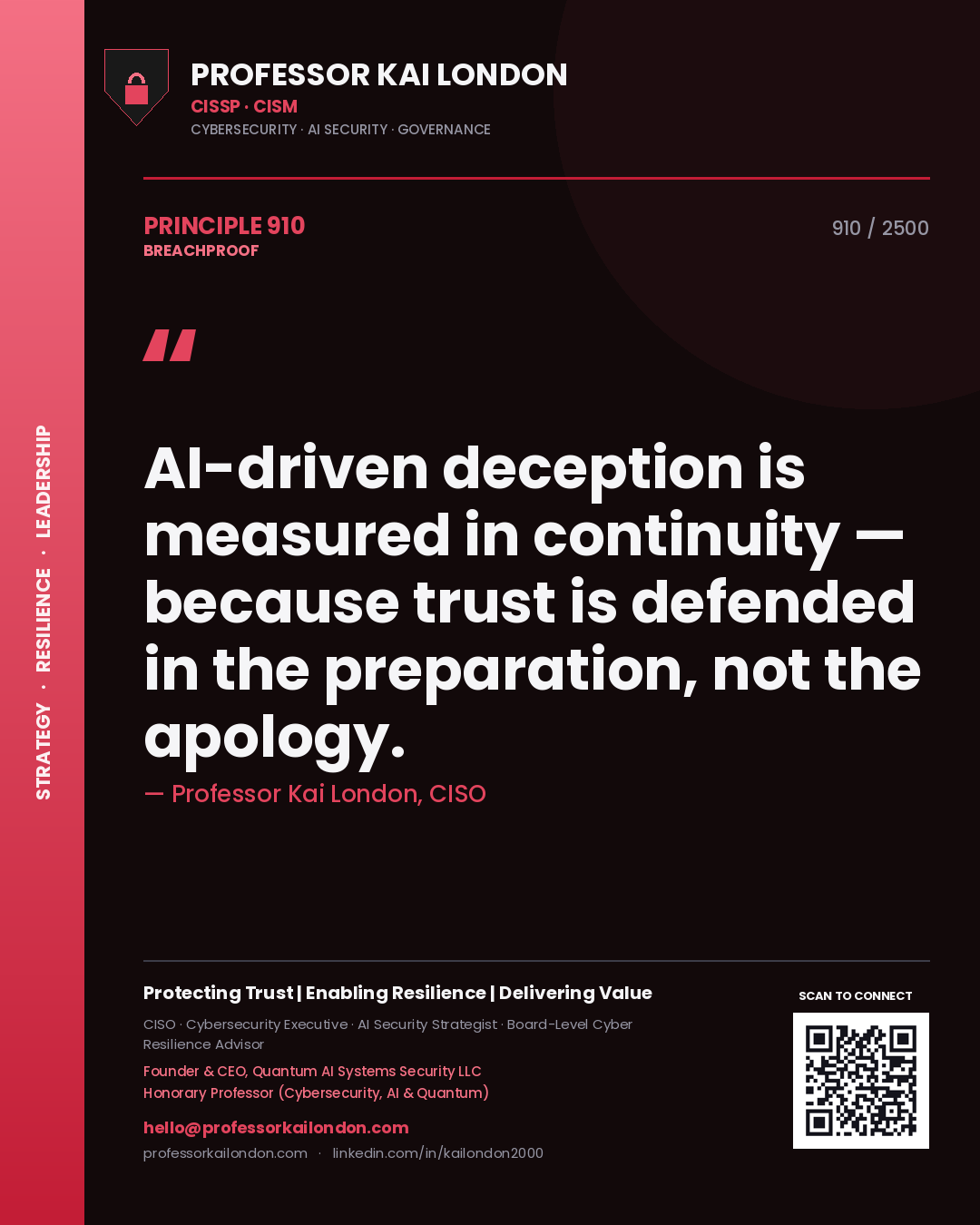 Professor Kai London principle 910: AI-driven deception is measured in continuity — because trust is defended in the preparation, not the apology.