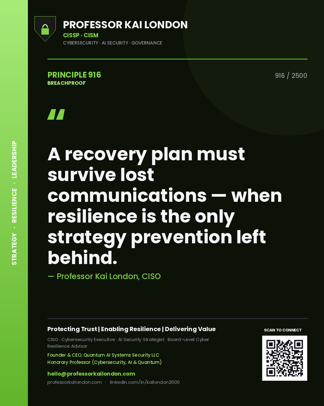 Professor Kai London principle 916: A recovery plan must survive lost communications — when resilience is the only strategy prevention left behind.