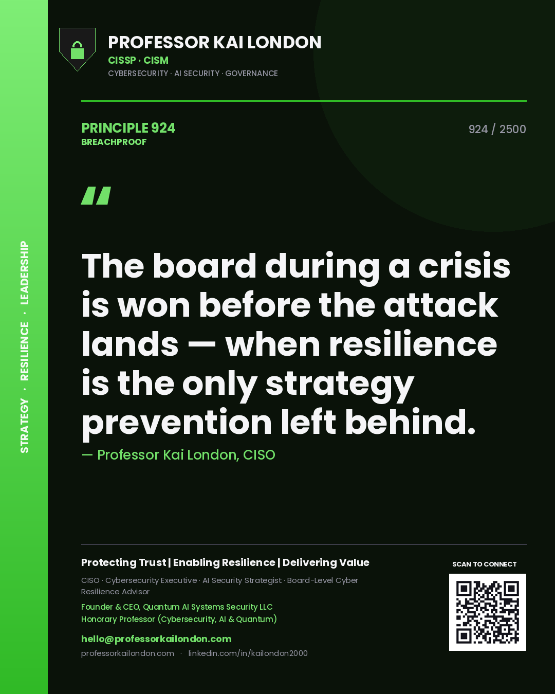 Professor Kai London principle 924: The board during a crisis is won before the attack lands — when resilience is the only strategy prevention left behind.