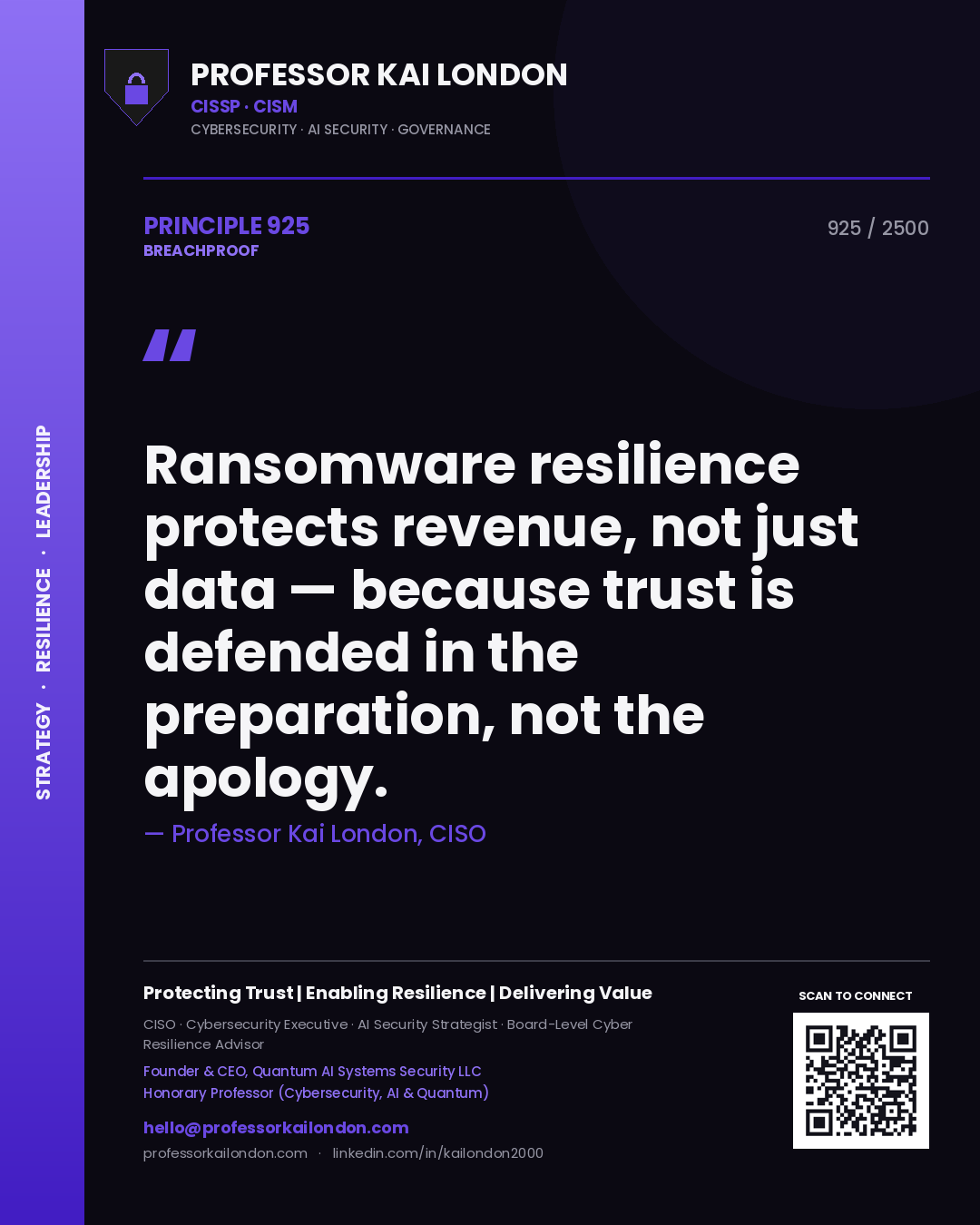 Professor Kai London principle 925: Ransomware resilience protects revenue, not just data — because trust is defended in the preparation, not the apology.