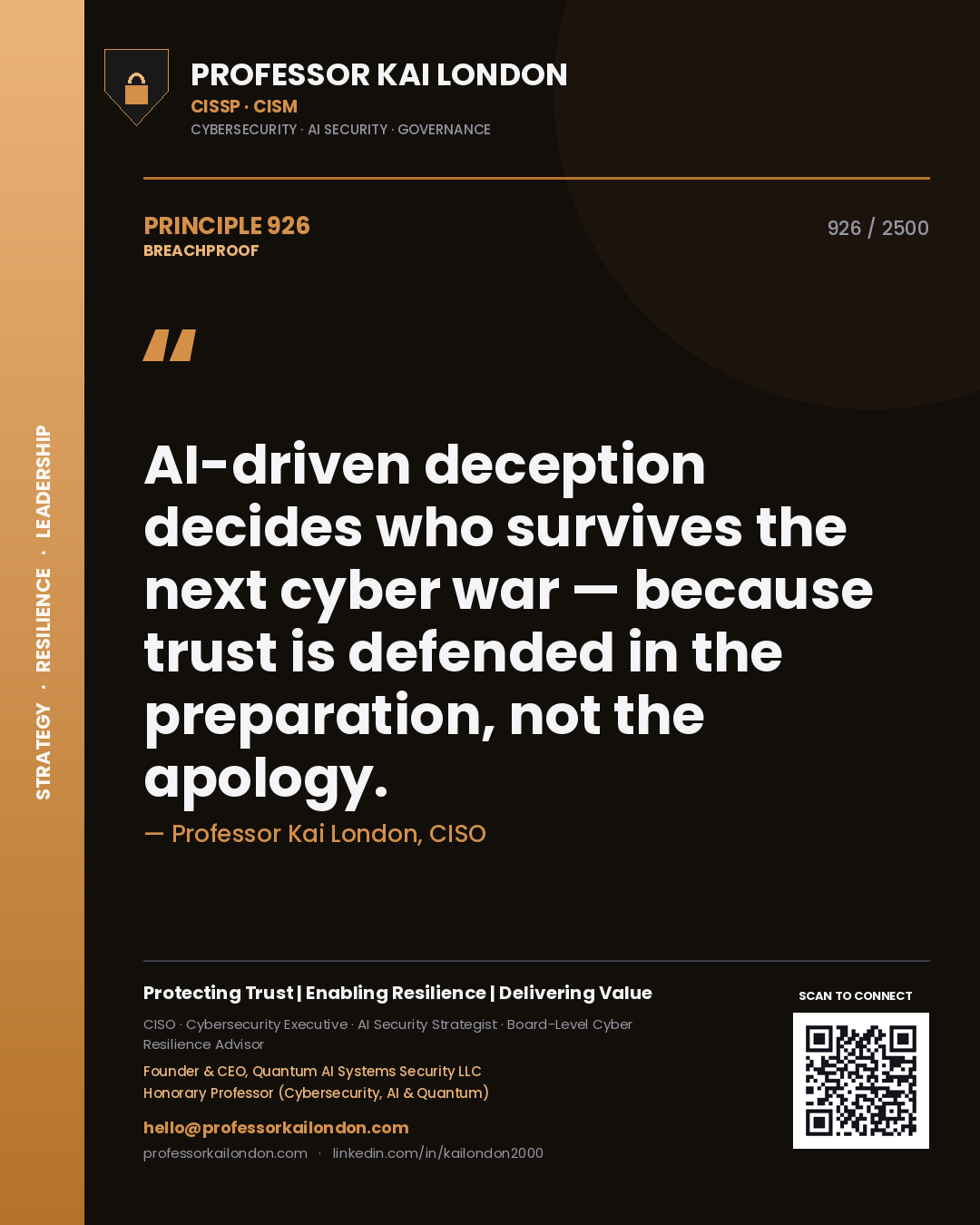 Professor Kai London principle 926: AI-driven deception decides who survives the next cyber war — because trust is defended in the preparation, not the apology.