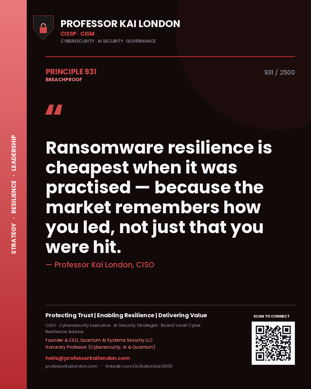 Professor Kai London principle 931: Ransomware resilience is cheapest when it was practised — because the market remembers how you led, not just that you were hit.