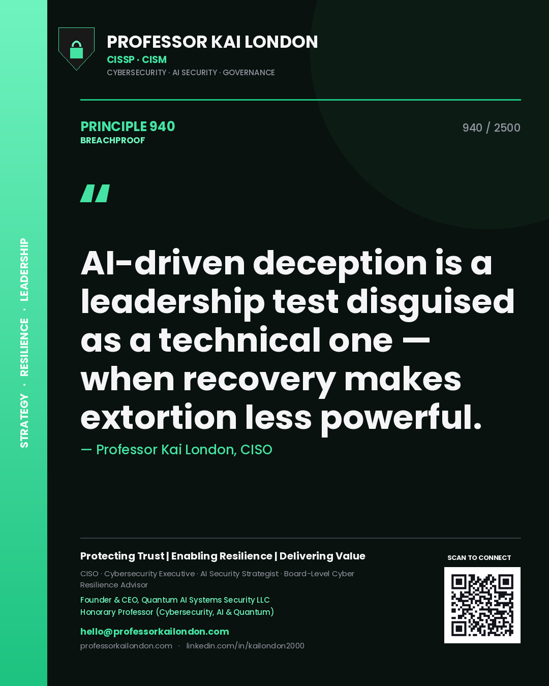 Professor Kai London principle 940: AI-driven deception is a leadership test disguised as a technical one — when recovery makes extortion less powerful.