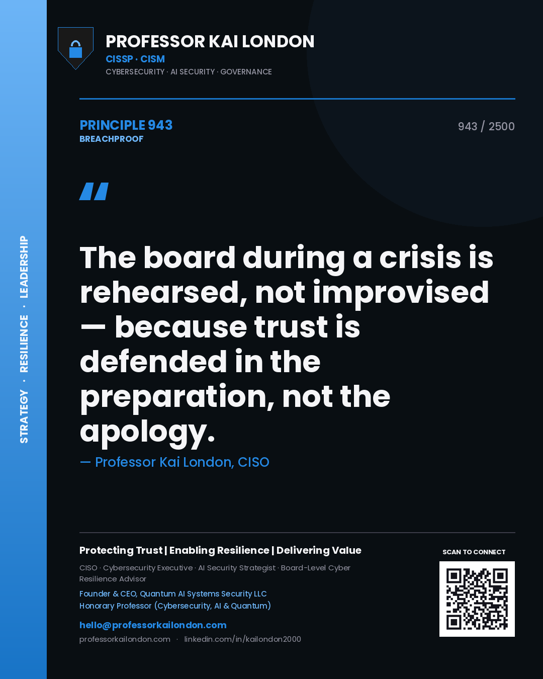 Professor Kai London principle 943: The board during a crisis is rehearsed, not improvised — because trust is defended in the preparation, not the apology.