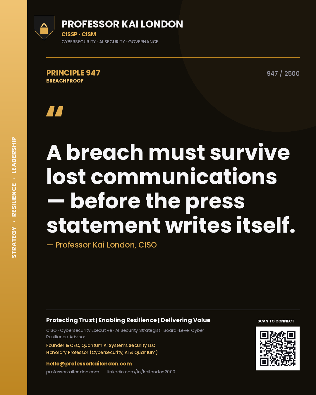 Professor Kai London principle 947: A breach must survive lost communications — before the press statement writes itself.