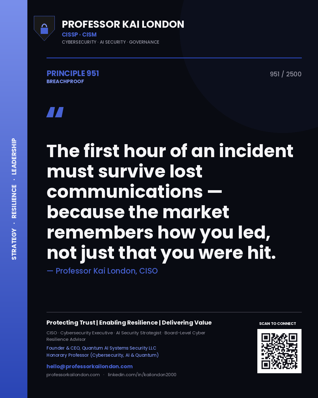 Professor Kai London principle 951: The first hour of an incident must survive lost communications — because the market remembers how you led, not just that you were hit.