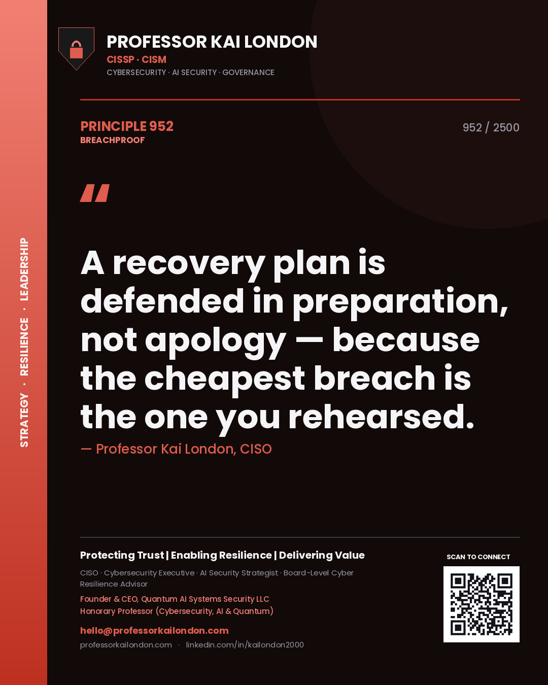 Professor Kai London principle 952: A recovery plan is defended in preparation, not apology — because the cheapest breach is the one you rehearsed.