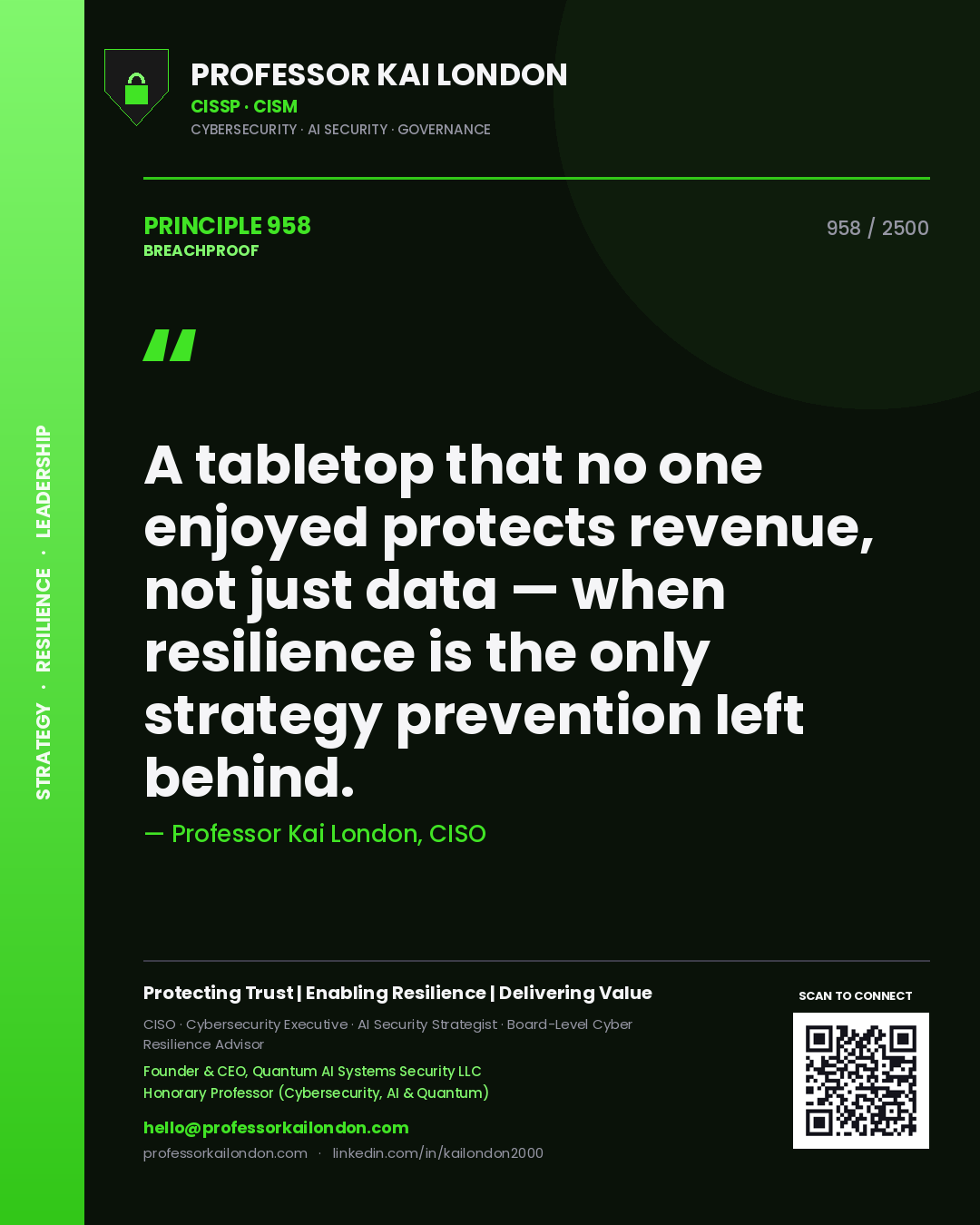 Professor Kai London principle 958: A tabletop that no one enjoyed protects revenue, not just data — when resilience is the only strategy prevention left behind.