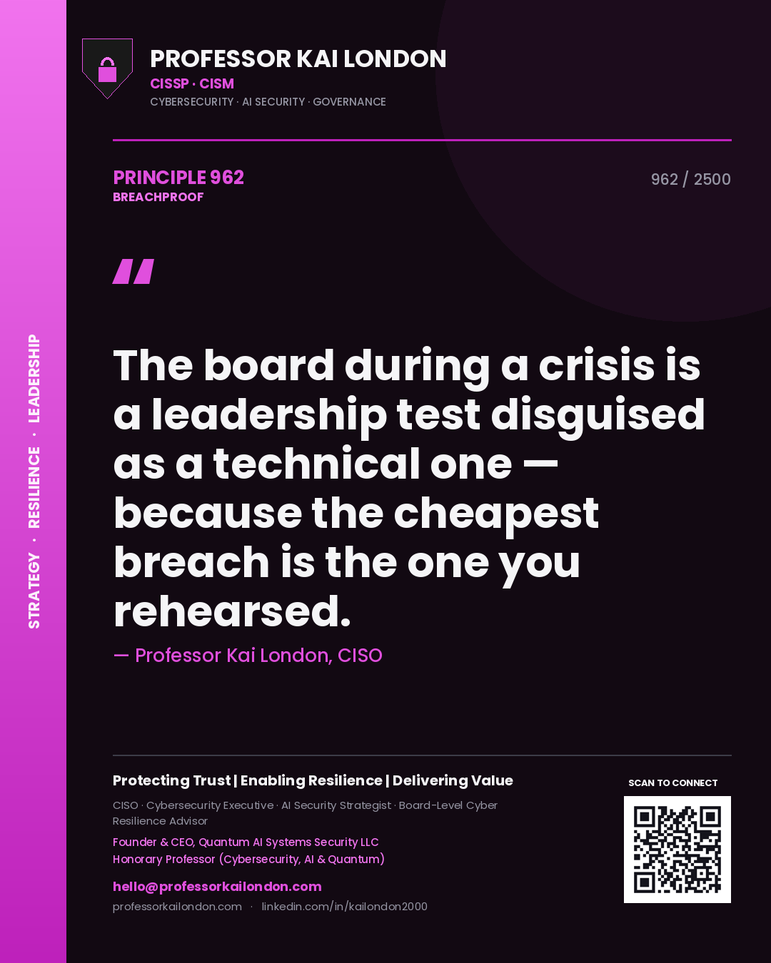 Professor Kai London principle 962: The board during a crisis is a leadership test disguised as a technical one — because the cheapest breach is the one you rehearsed.