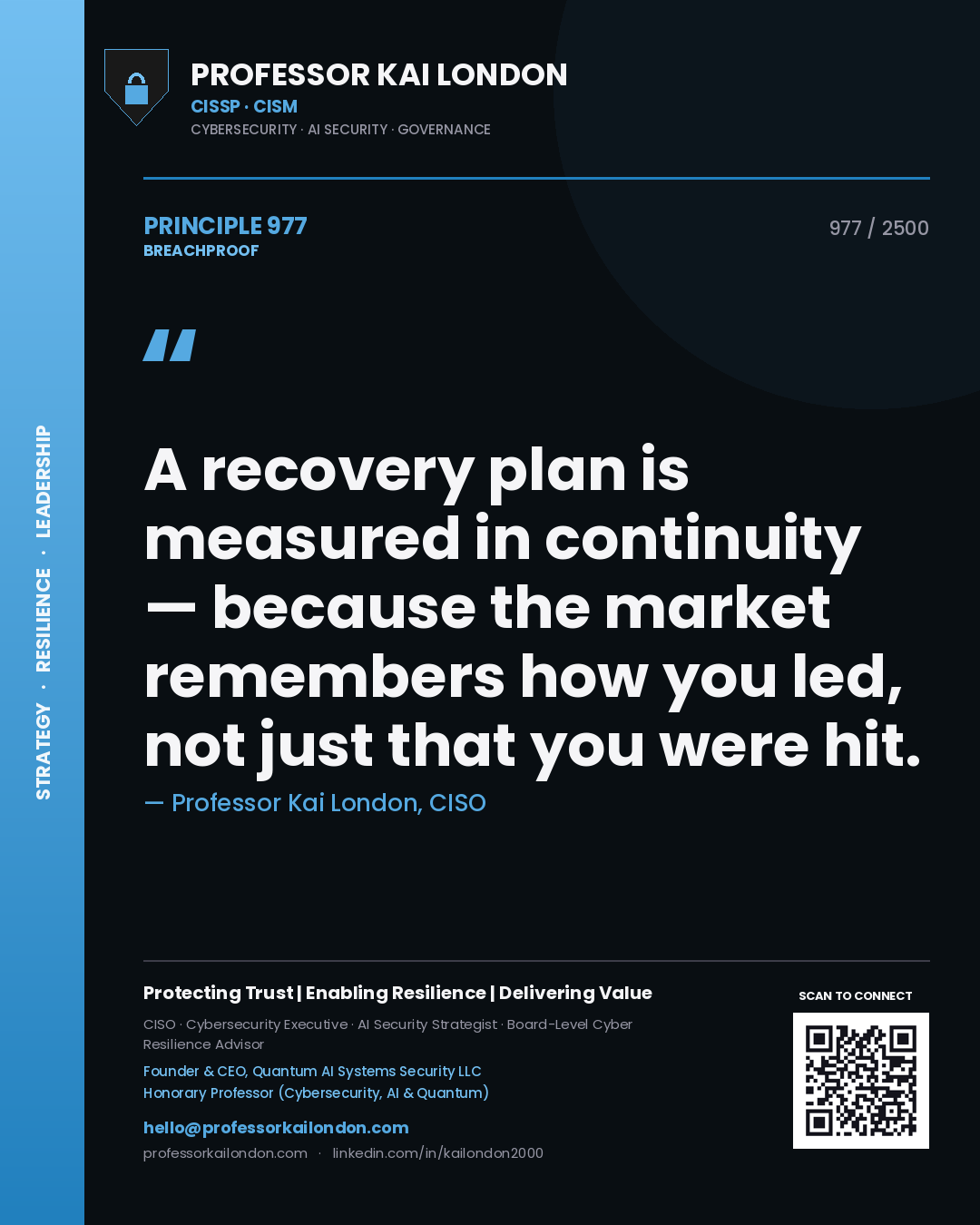 Professor Kai London principle 977: A recovery plan is measured in continuity — because the market remembers how you led, not just that you were hit.
