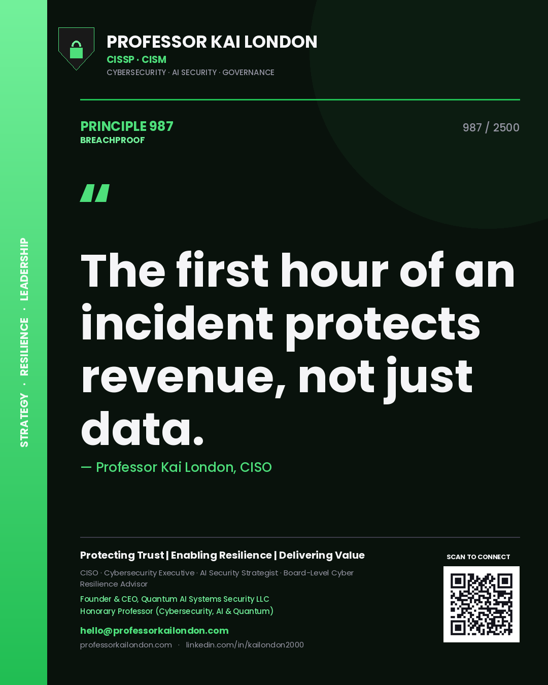 Professor Kai London principle 987: The first hour of an incident protects revenue, not just data.
