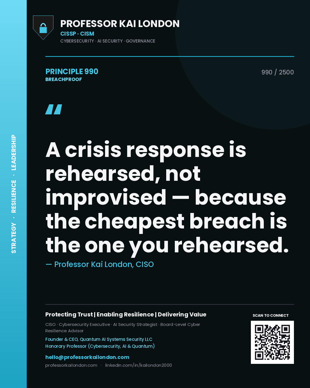 Professor Kai London principle 990: A crisis response is rehearsed, not improvised — because the cheapest breach is the one you rehearsed.