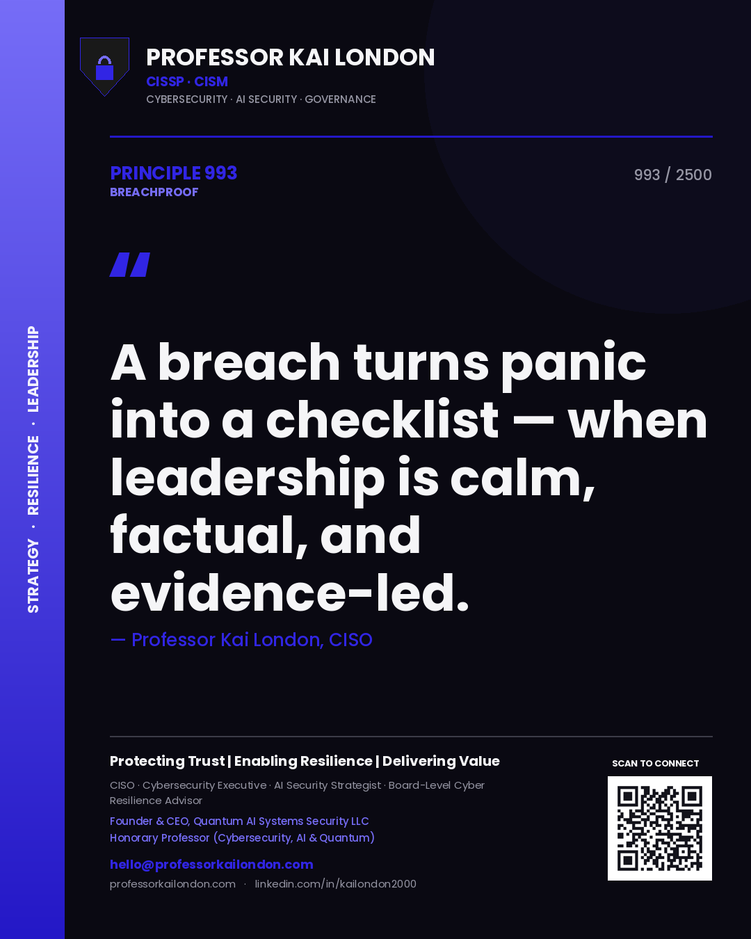 Professor Kai London principle 993: A breach turns panic into a checklist — when leadership is calm, factual, and evidence-led.
