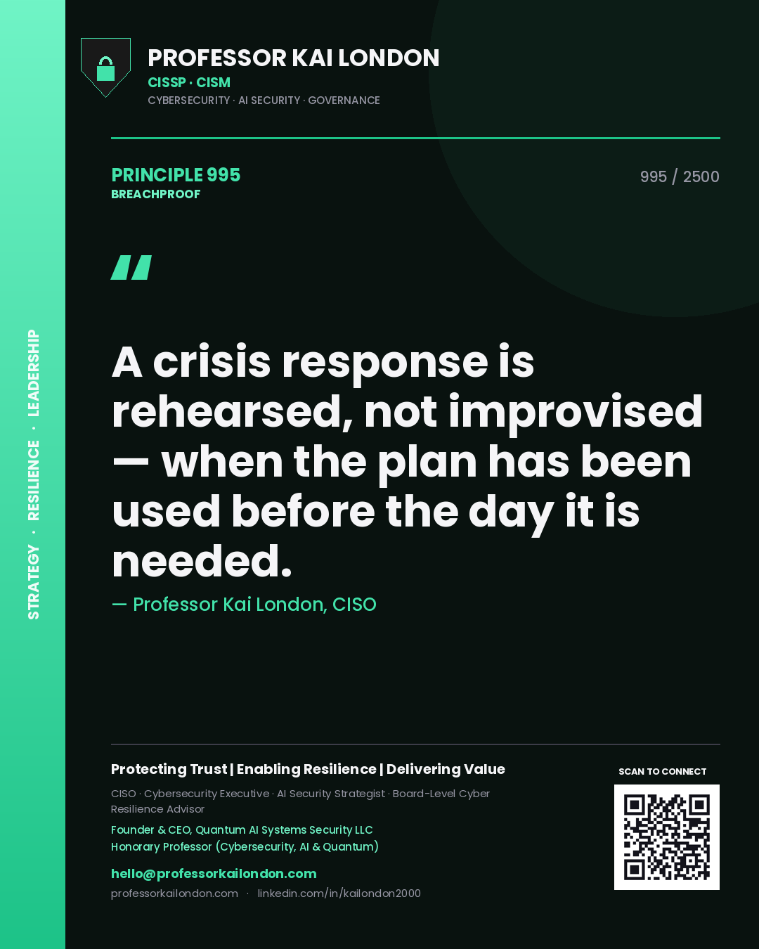 Professor Kai London principle 995: A crisis response is rehearsed, not improvised — when the plan has been used before the day it is needed.