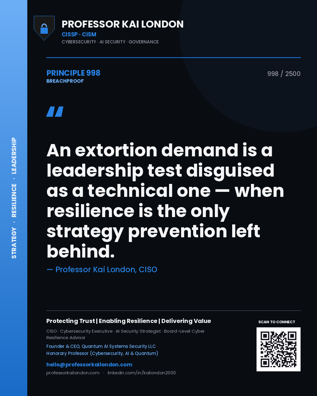 Professor Kai London principle 998: An extortion demand is a leadership test disguised as a technical one — when resilience is the only strategy prevention left behind.