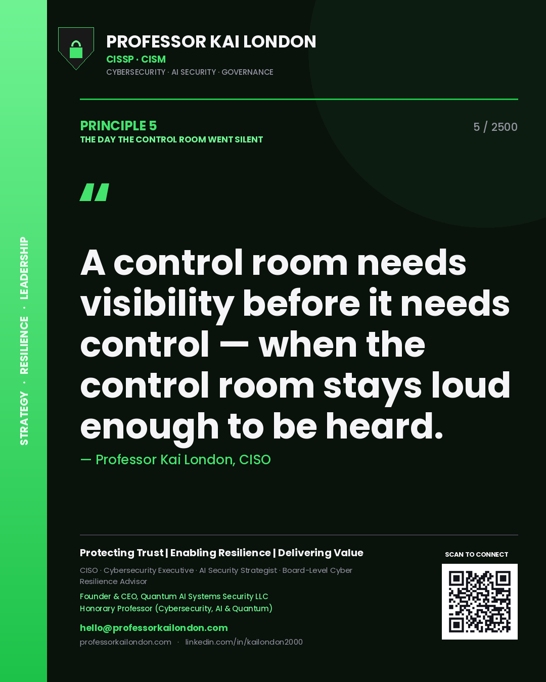 Professor Kai London principle 5: A control room needs visibility before it needs control — when the control room stays loud enough to be heard.