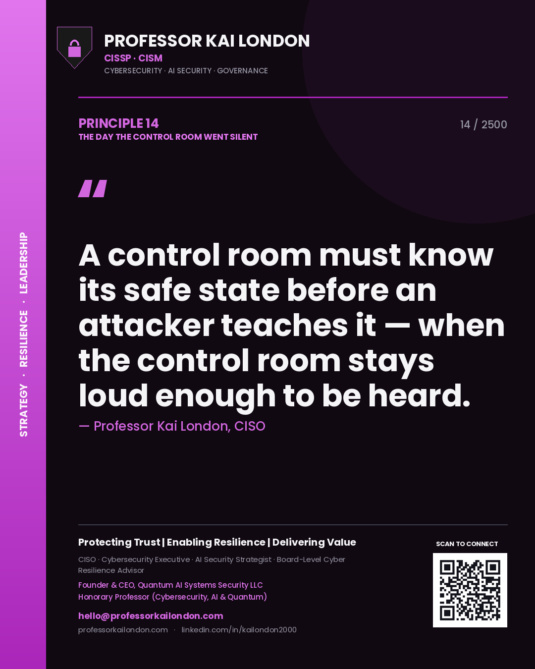 Professor Kai London principle 14: A control room must know its safe state before an attacker teaches it — when the control room stays loud enough to be heard.