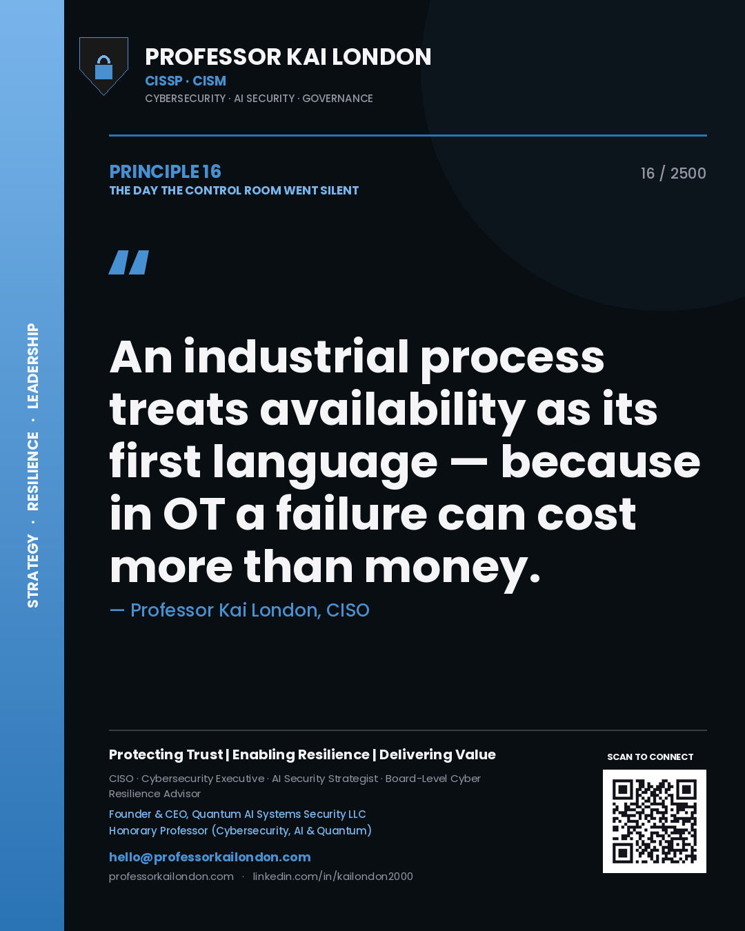 Professor Kai London principle 16: An industrial process treats availability as its first language — because in OT a failure can cost more than money.