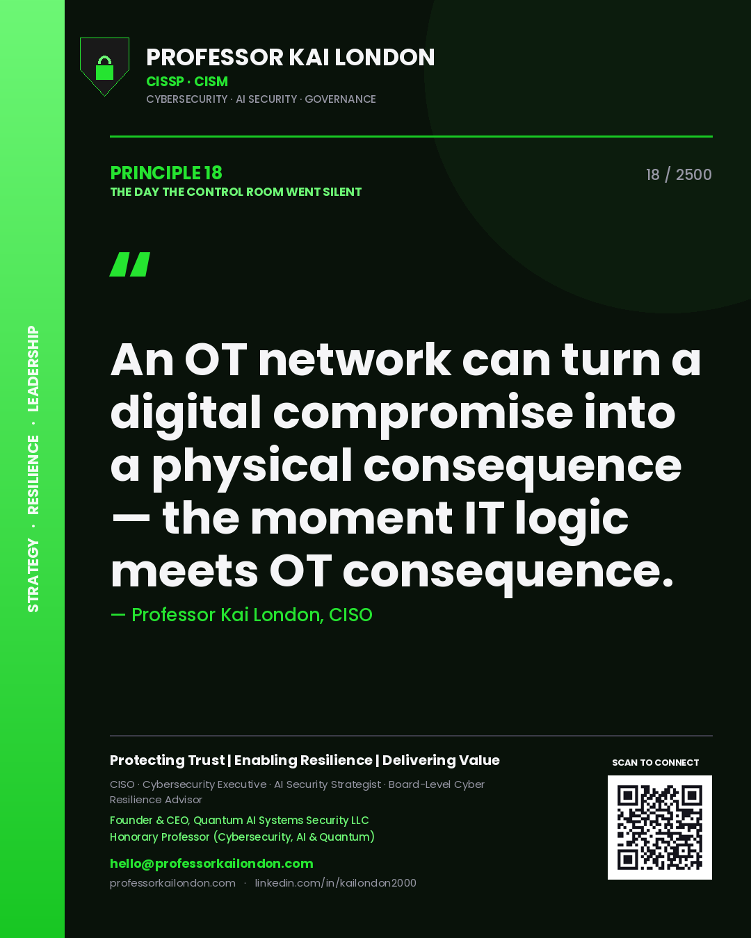Professor Kai London principle 18: An OT network can turn a digital compromise into a physical consequence — the moment IT logic meets OT consequence.