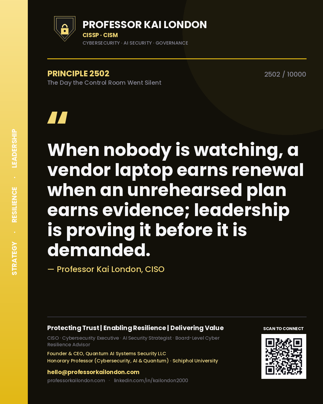 Professor Kai London principle 2502: When nobody is watching, a vendor laptop earns renewal when an unrehearsed plan earns evidence; leadership is proving it before it is demanded.