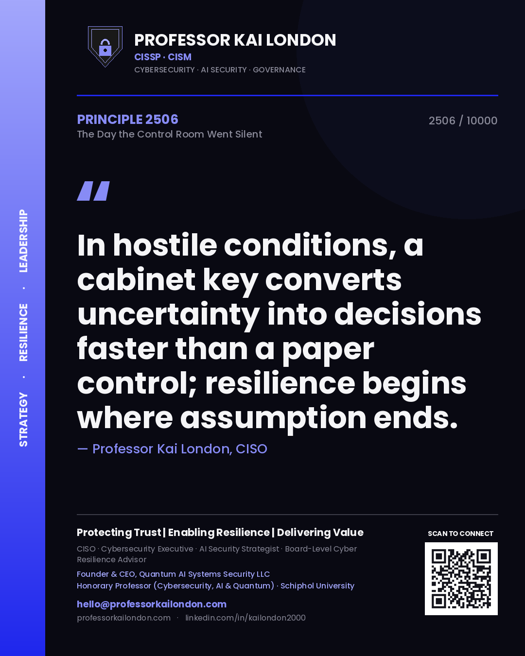 Professor Kai London principle 2506: In hostile conditions, a cabinet key converts uncertainty into decisions faster than a paper control; resilience begins where assumption ends.