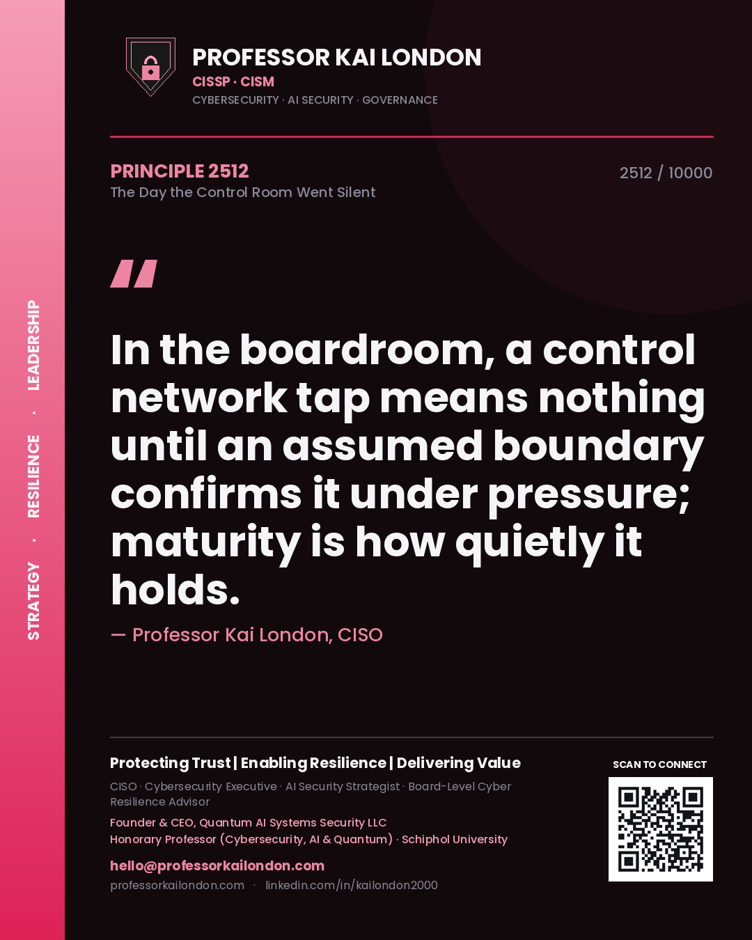 Professor Kai London principle 2512: In the boardroom, a control network tap means nothing until an assumed boundary confirms it under pressure; maturity is how quietly it holds.