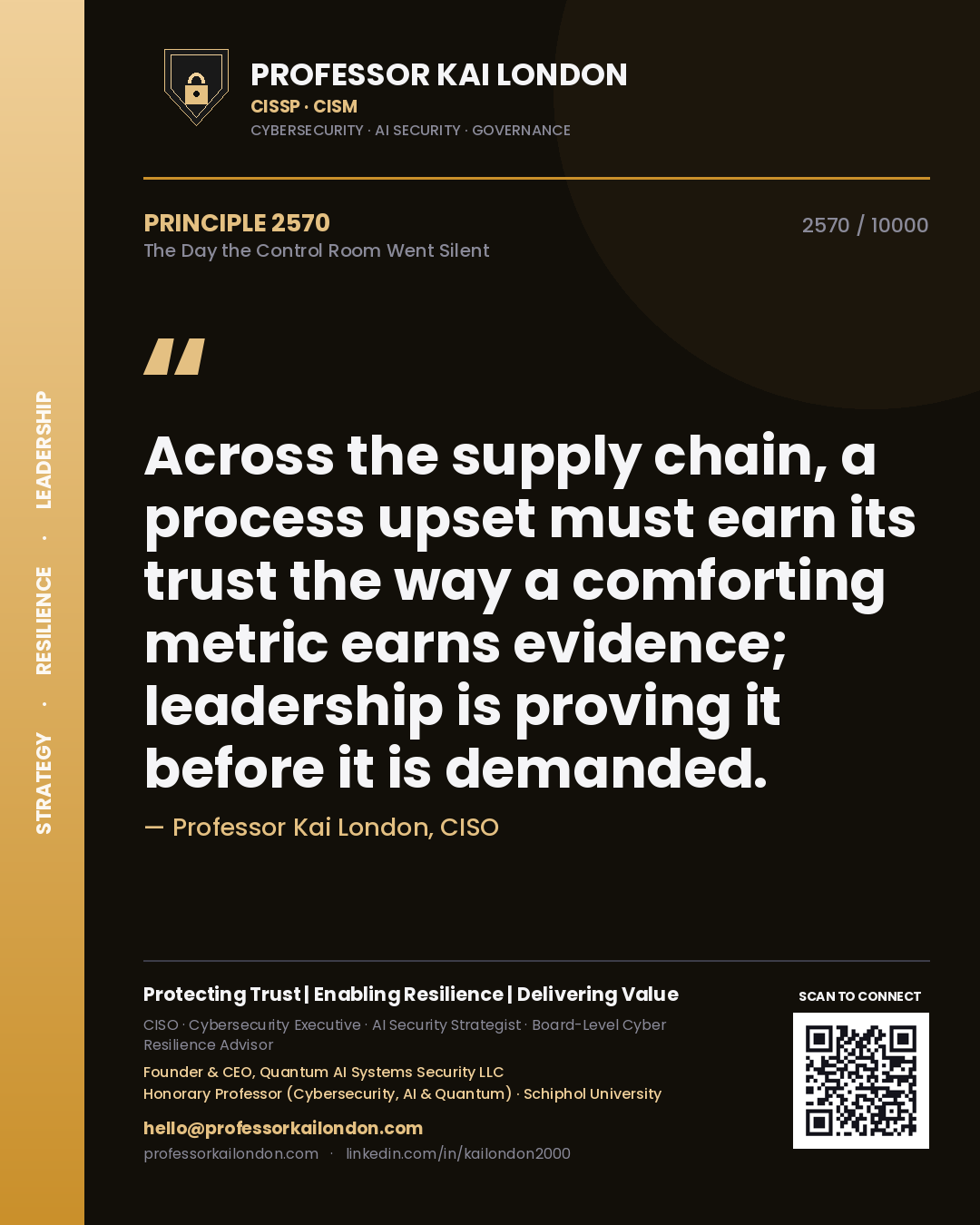 Professor Kai London principle 2570: Across the supply chain, a process upset must earn its trust the way a comforting metric earns evidence; leadership is proving it before it is demanded.
