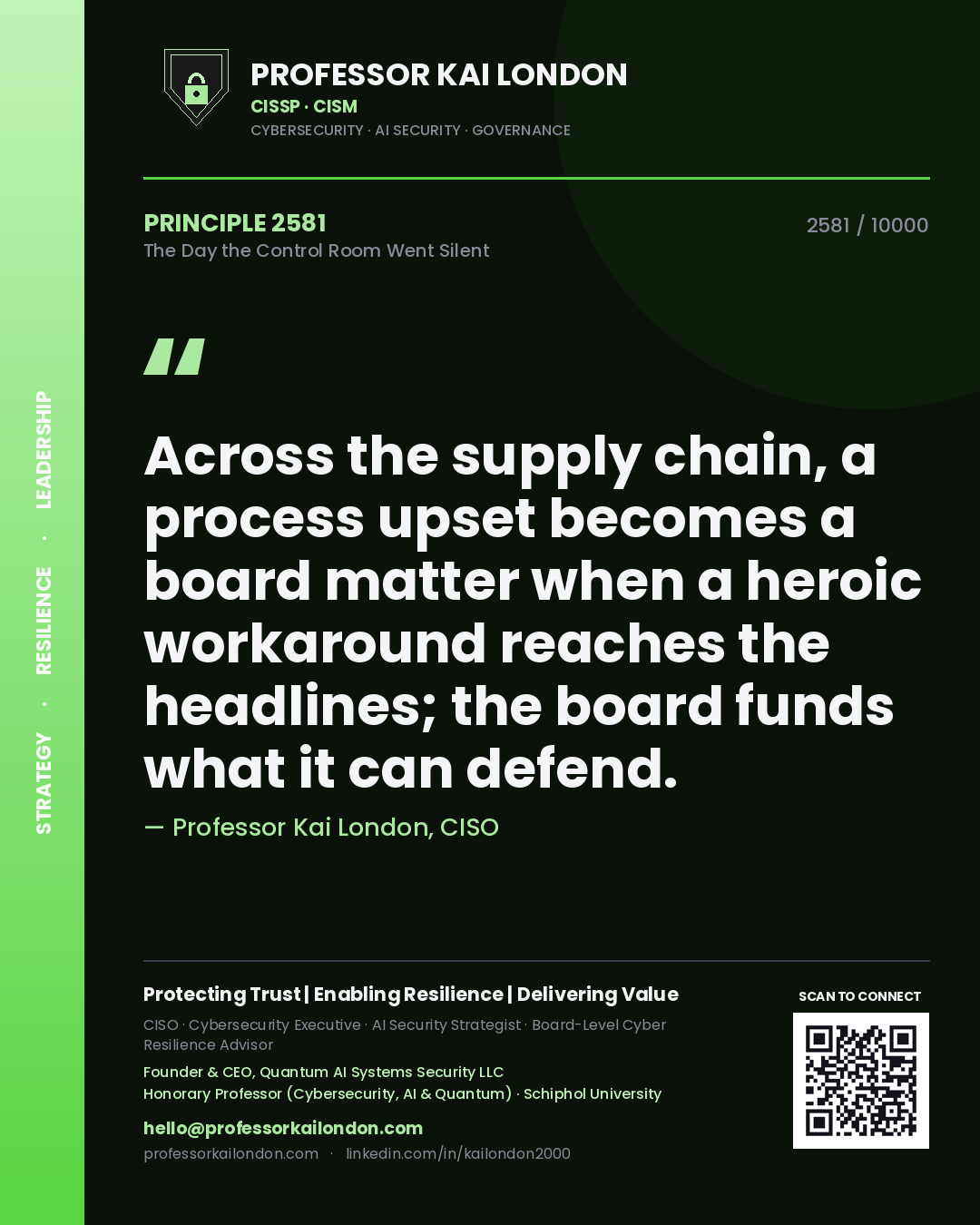 Professor Kai London principle 2581: Across the supply chain, a process upset becomes a board matter when a heroic workaround reaches the headlines; the board funds what it can defend.