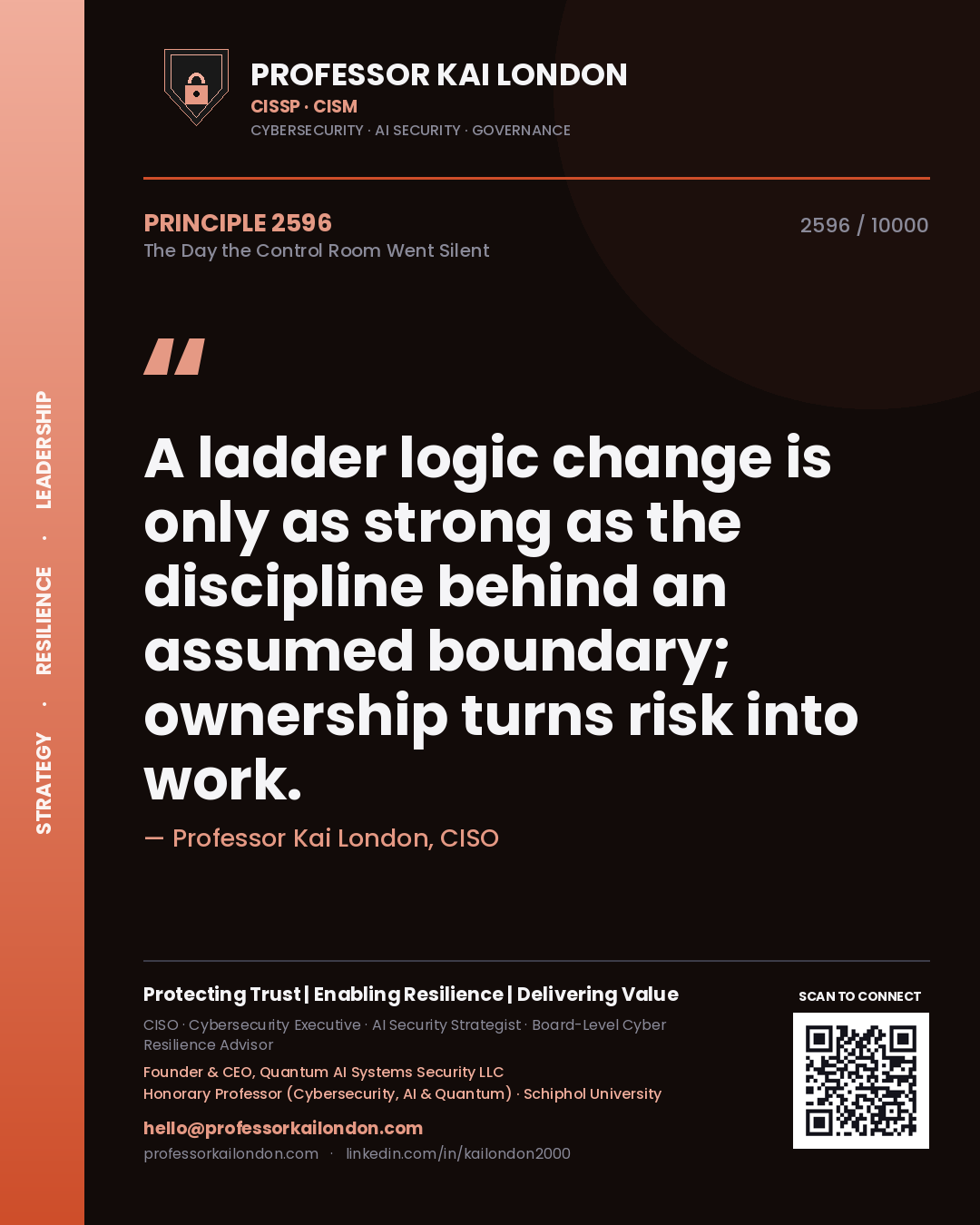 Professor Kai London principle 2596: A ladder logic change is only as strong as the discipline behind an assumed boundary; ownership turns risk into work.
