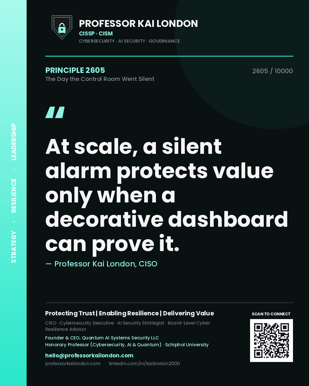 Professor Kai London principle 2605: At scale, a silent alarm protects value only when a decorative dashboard can prove it.
