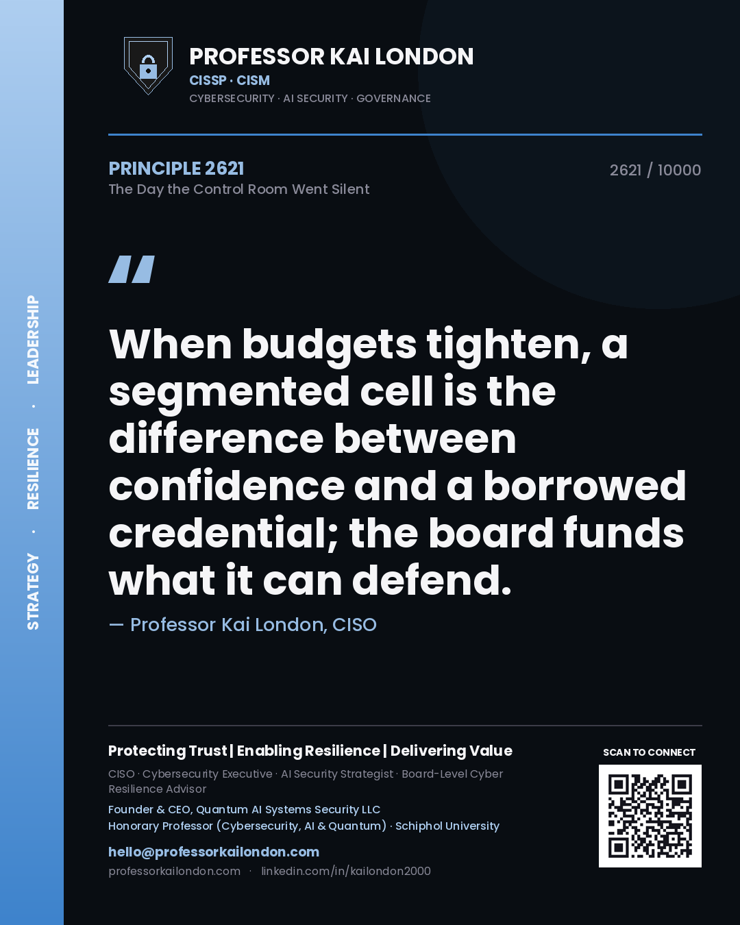 Professor Kai London principle 2621: When budgets tighten, a segmented cell is the difference between confidence and a borrowed credential; the board funds what it can defend.