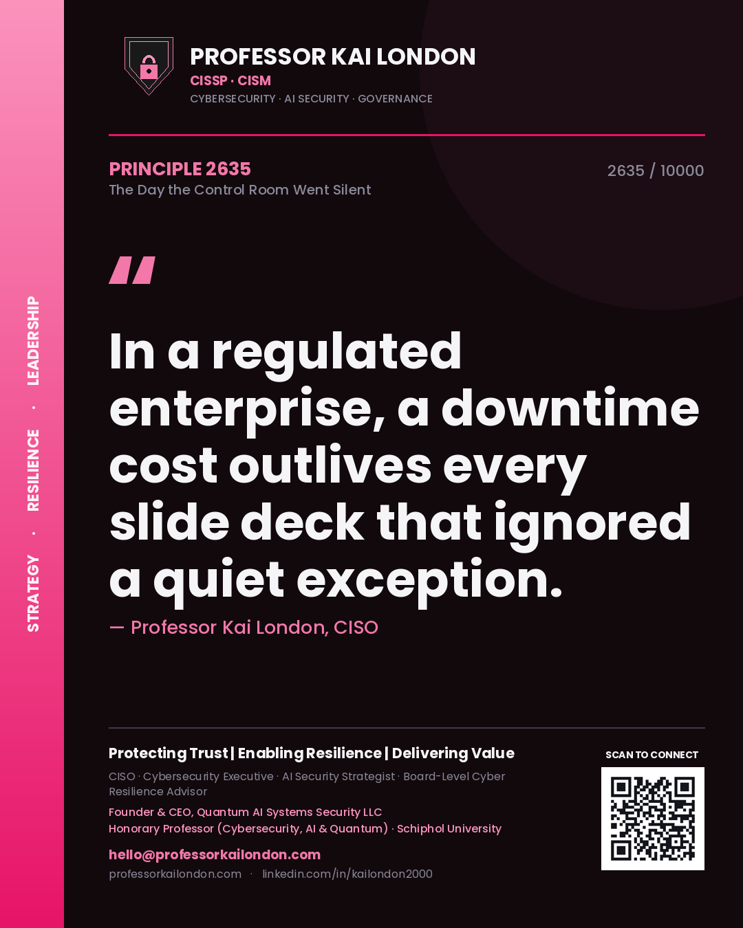 Professor Kai London principle 2635: In a regulated enterprise, a downtime cost outlives every slide deck that ignored a quiet exception.