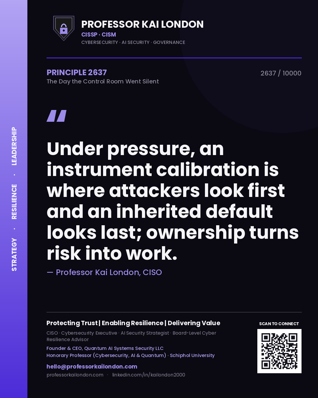Professor Kai London principle 2637: Under pressure, an instrument calibration is where attackers look first and an inherited default looks last; ownership turns risk into work.