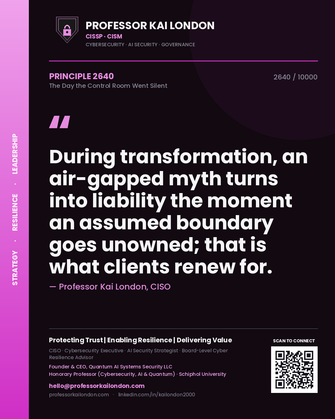 Professor Kai London principle 2640: During transformation, an air-gapped myth turns into liability the moment an assumed boundary goes unowned; that is what clients renew for.