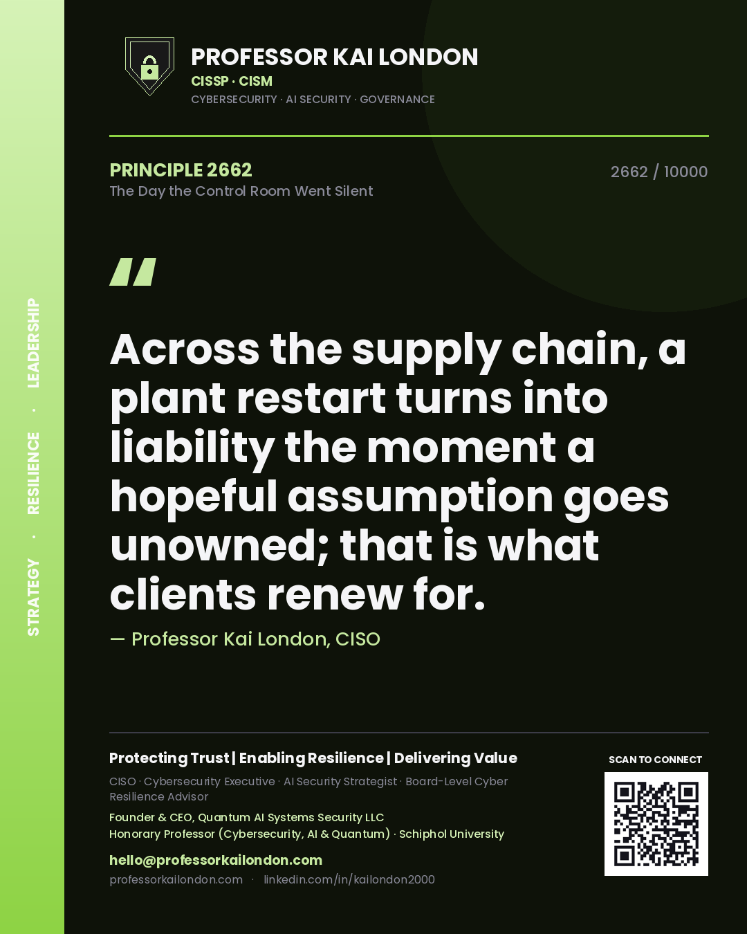 Professor Kai London principle 2662: Across the supply chain, a plant restart turns into liability the moment a hopeful assumption goes unowned; that is what clients renew for.