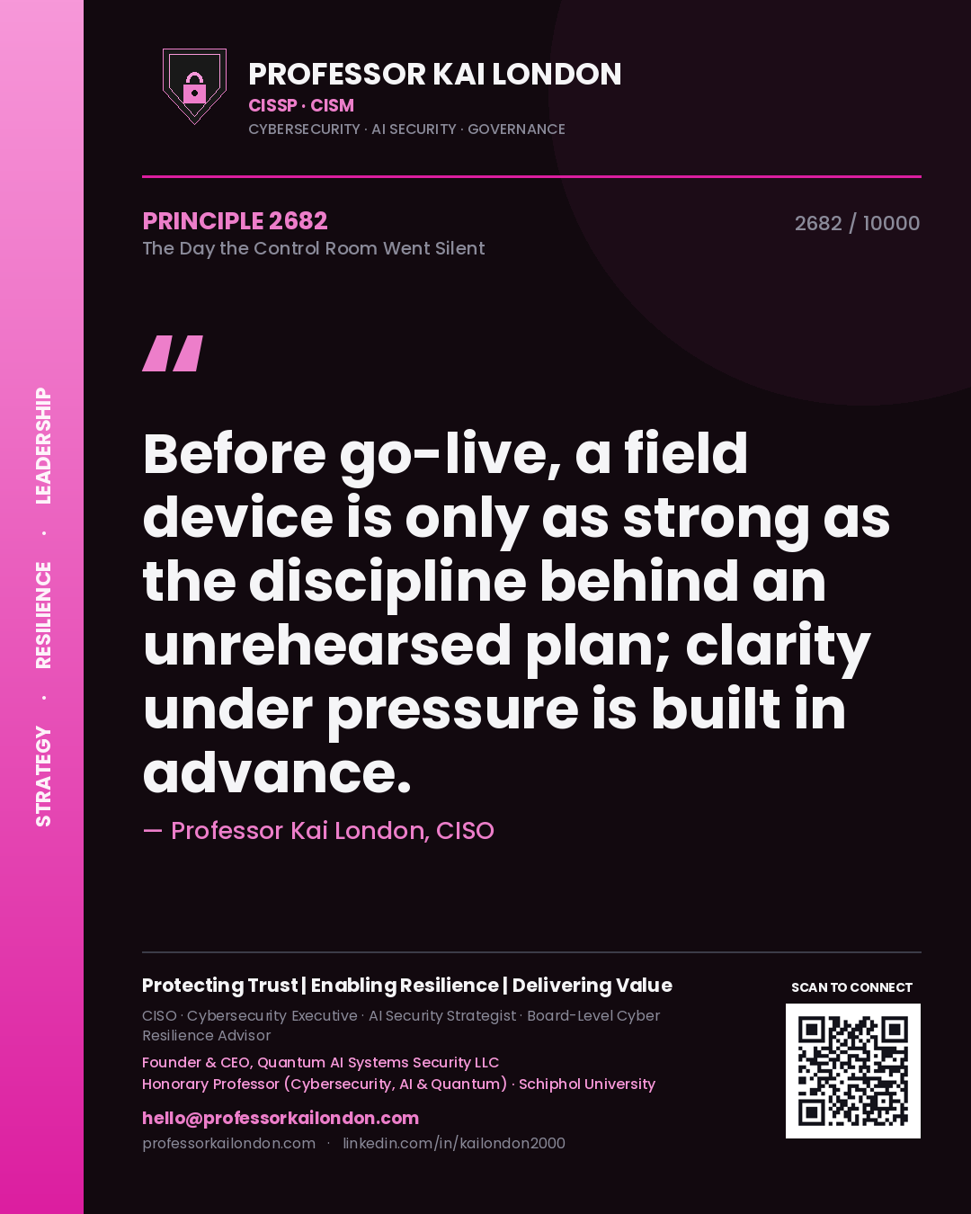Professor Kai London principle 2682: Before go-live, a field device is only as strong as the discipline behind an unrehearsed plan; clarity under pressure is built in advance.