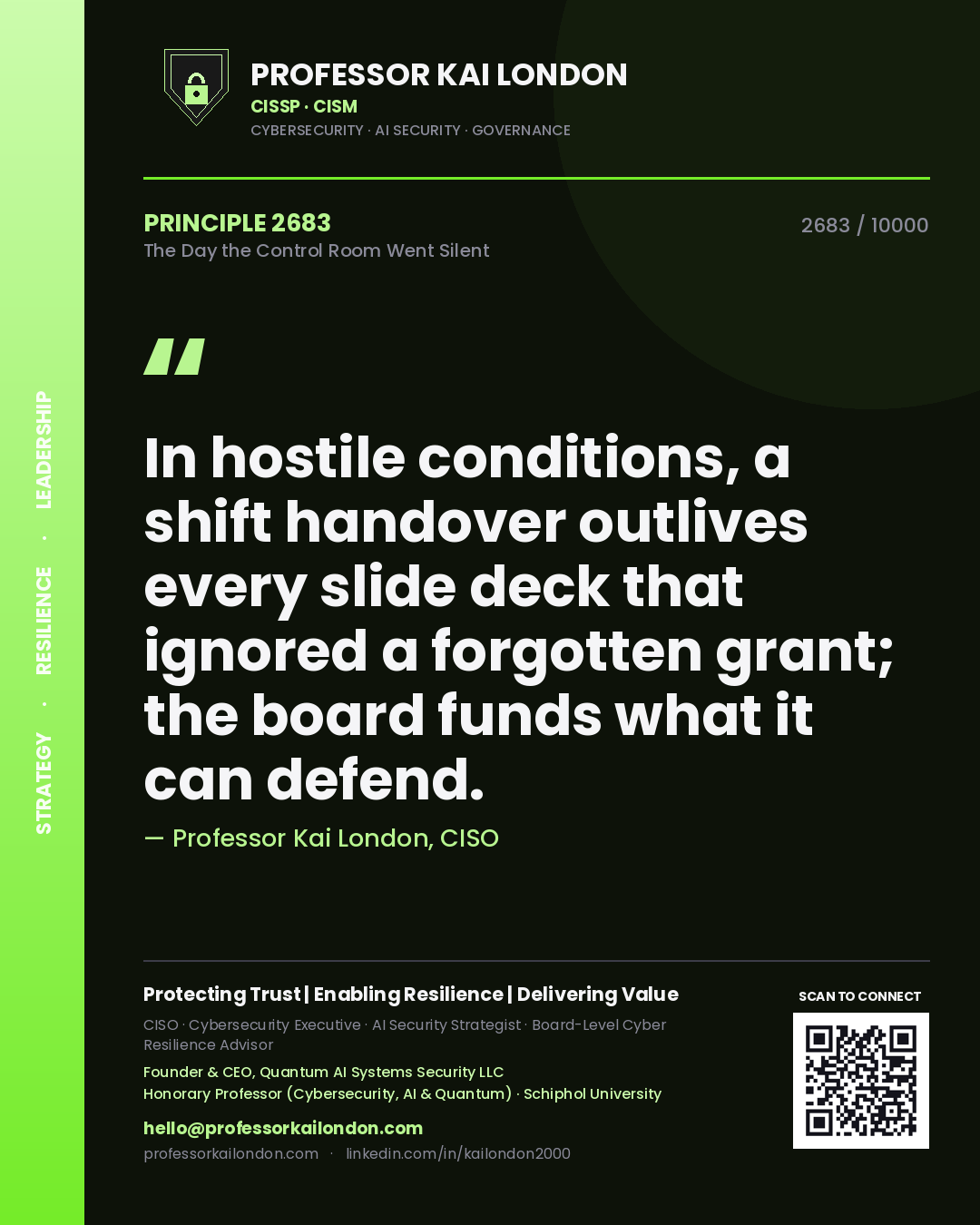 Professor Kai London principle 2683: In hostile conditions, a shift handover outlives every slide deck that ignored a forgotten grant; the board funds what it can defend.
