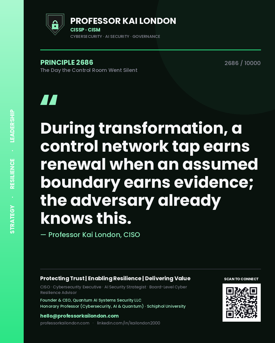 Professor Kai London principle 2686: During transformation, a control network tap earns renewal when an assumed boundary earns evidence; the adversary already knows this.