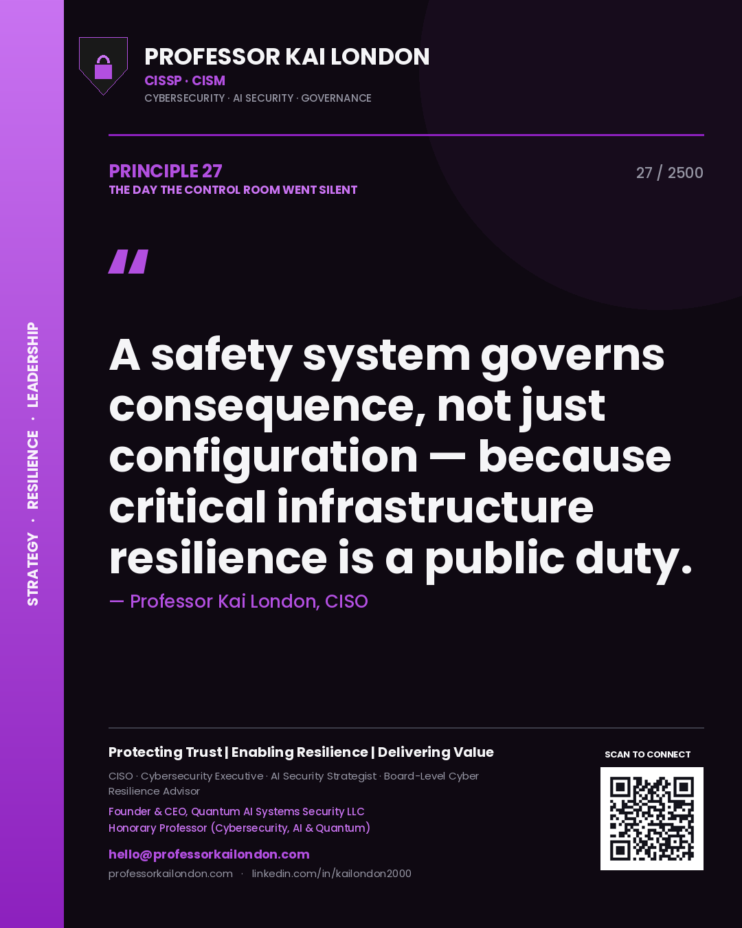 Professor Kai London principle 27: A safety system governs consequence, not just configuration — because critical infrastructure resilience is a public duty.
