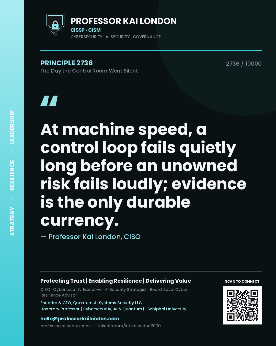 Professor Kai London principle 2736: At machine speed, a control loop fails quietly long before an unowned risk fails loudly; evidence is the only durable currency.